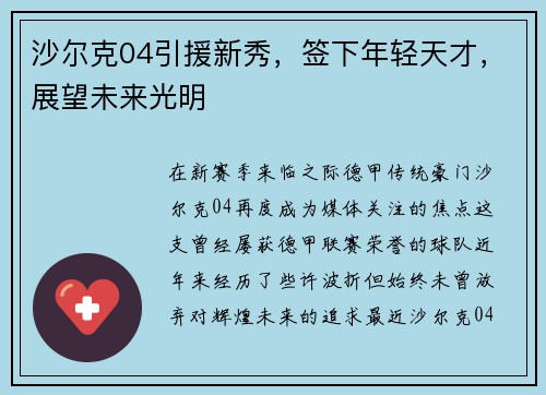 沙尔克04引援新秀，签下年轻天才，展望未来光明